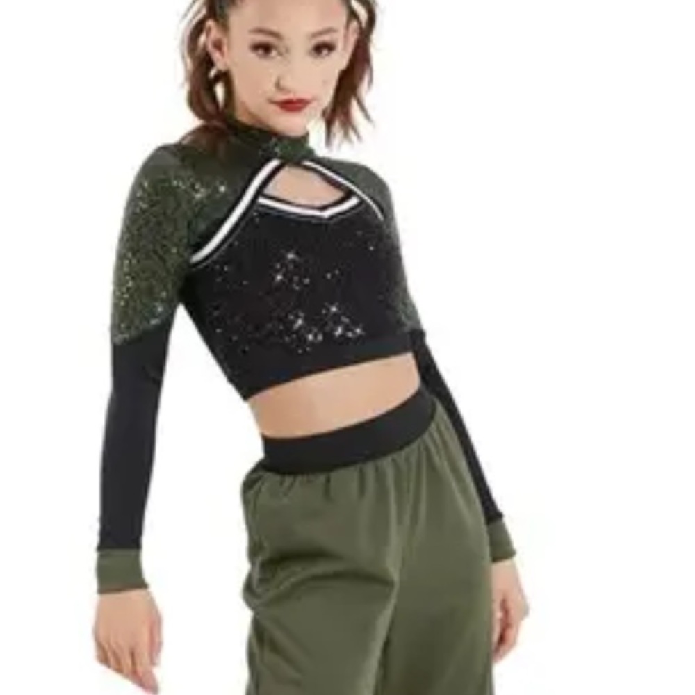 Weissman Dance Grenade Green & Black Sequin Long sleeve Crop Shirt Small Adult